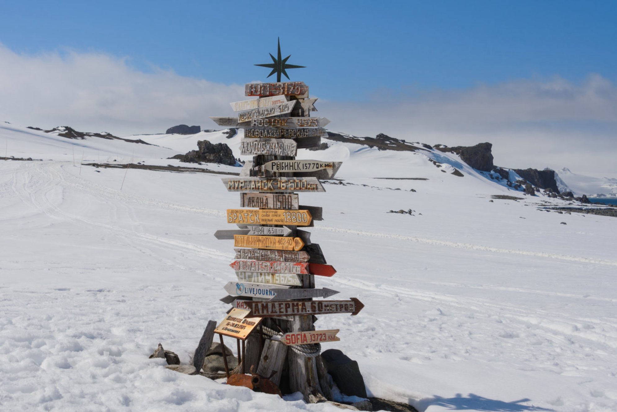 Дорожный указатель с указанием расстояния до множества различных городов на Российской антарктической научно-исследовательской станции Беллинсгаузен, остров Кинг-Джордж, Антарктида. shutterstock.com