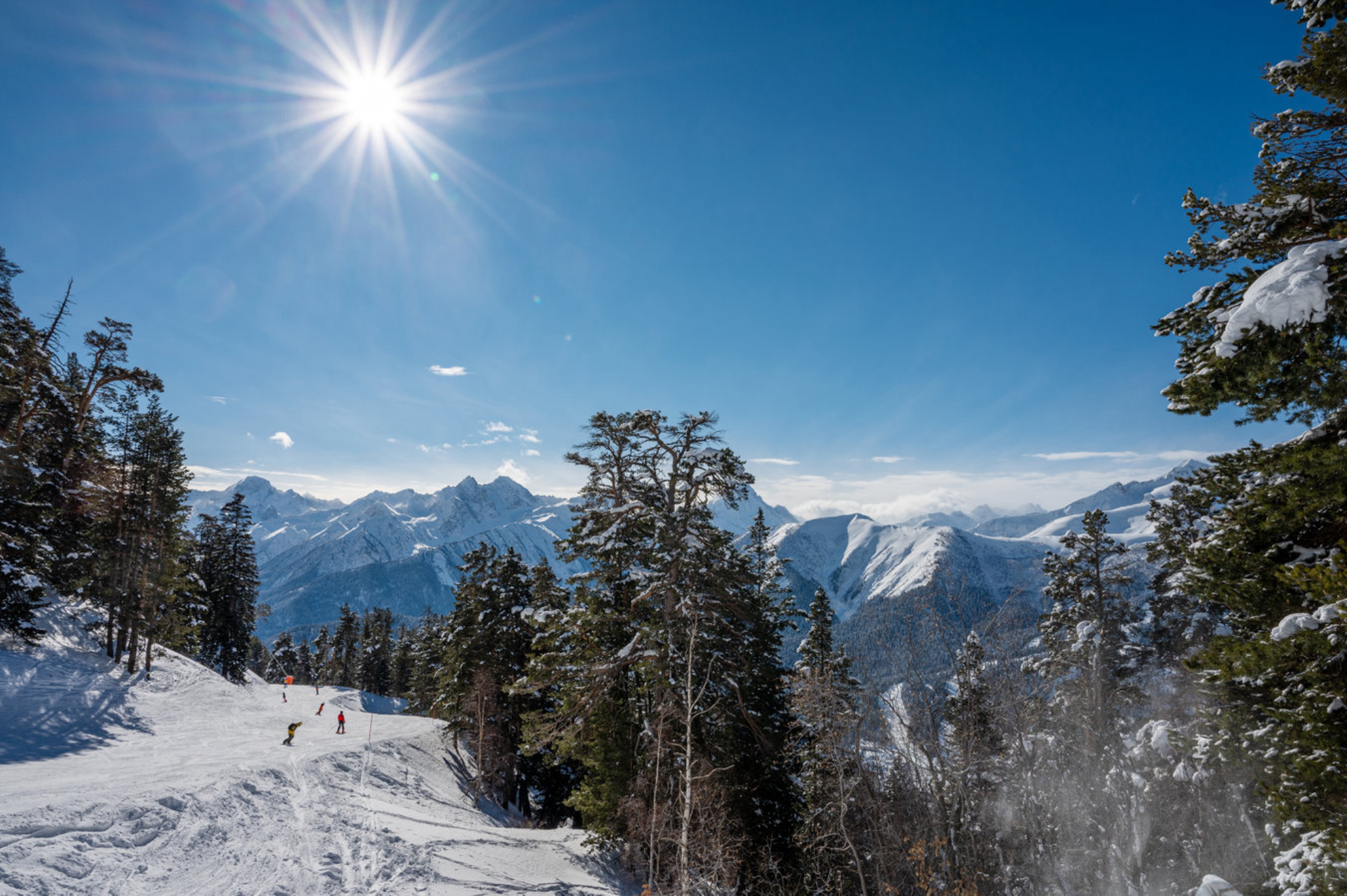 Красивый пейзаж заснеженных гор и леса на курорте Архыз. Источник: Shutterstock