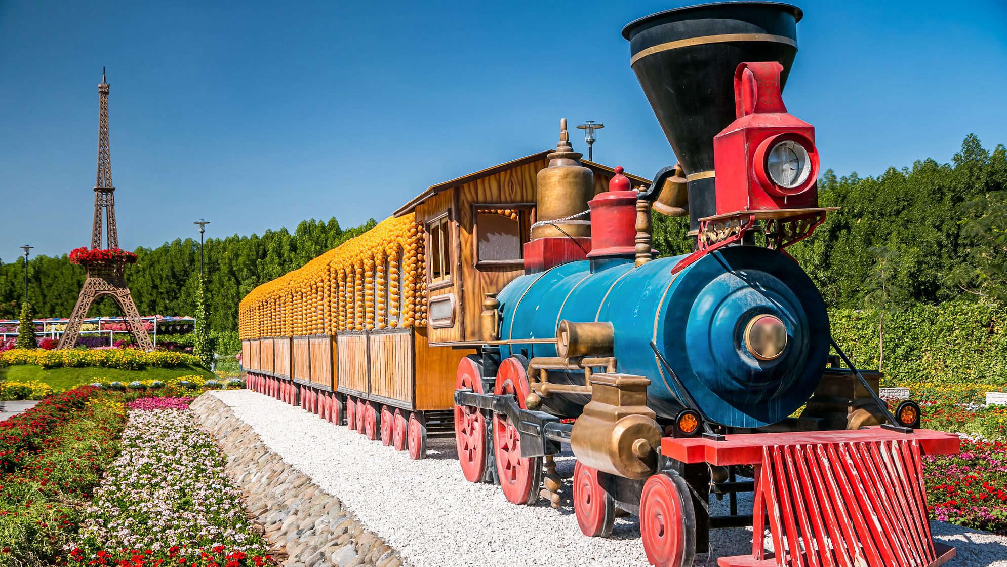 Поезд в Дубае в парке цветов в Дубае в солнечный день, Объединенные Арабские Эмираты. Источник: Shutterstock