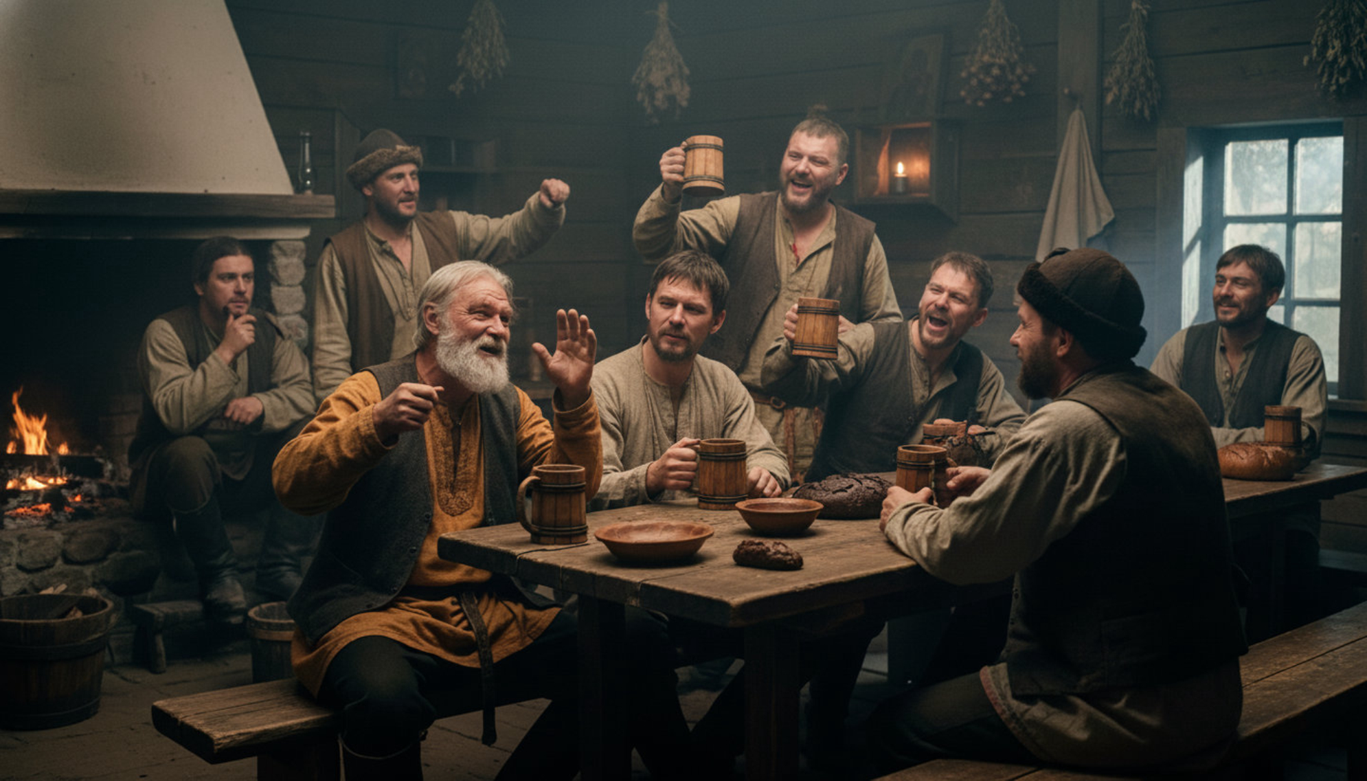 Русские мужики что-то задорно обсуждают в таверне.