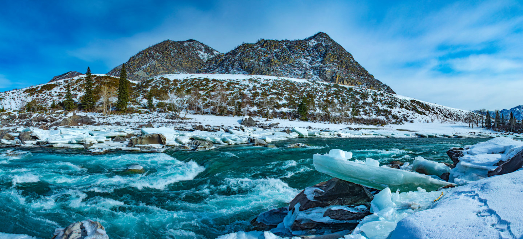 Река Катунь зимой. Панорамный снимок. Алтайский край, Сибирь, Россия. Источник: Shutterstock