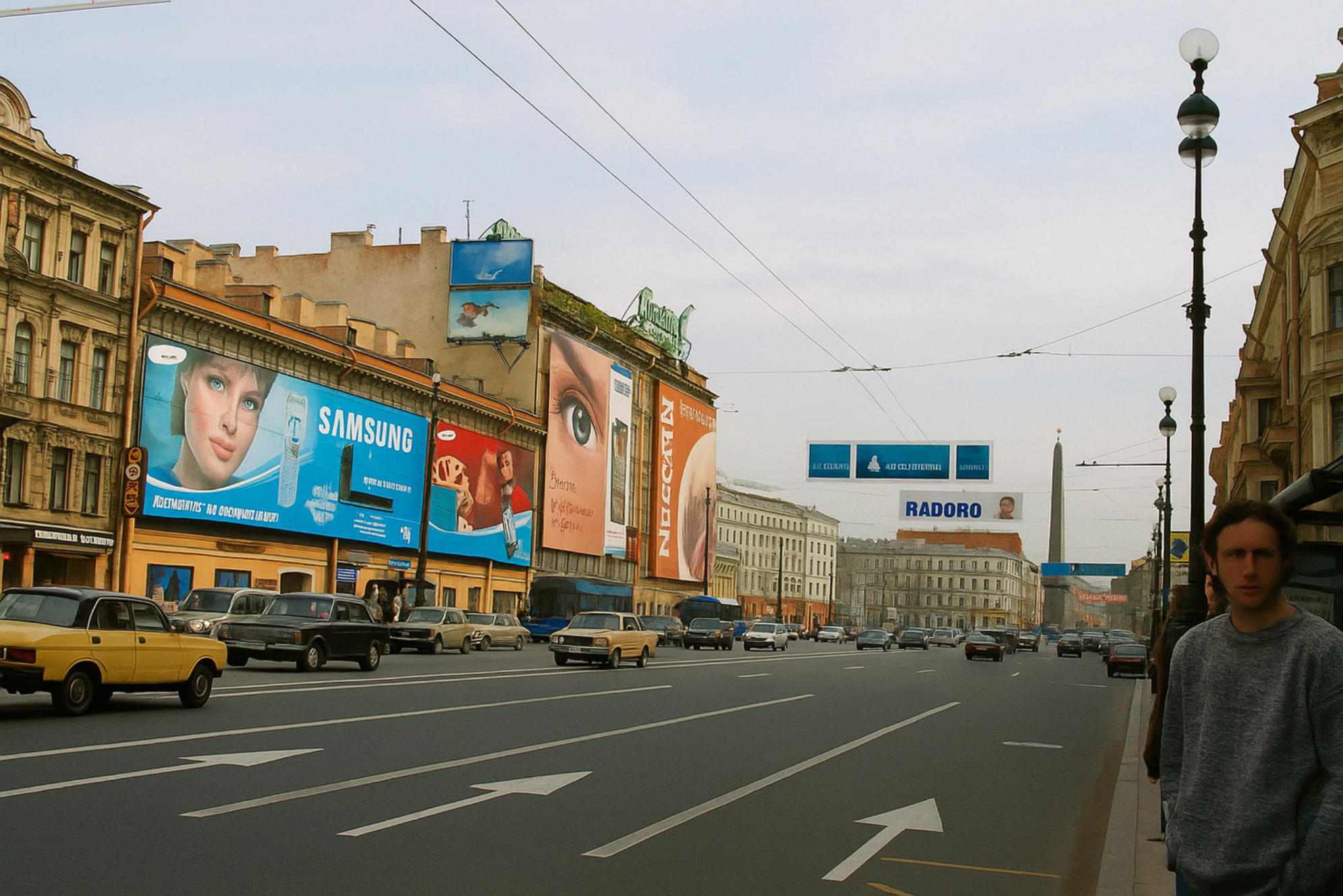 Вид на Площадь Восстания и остановку рядом с современным ТЦ Невский центр.