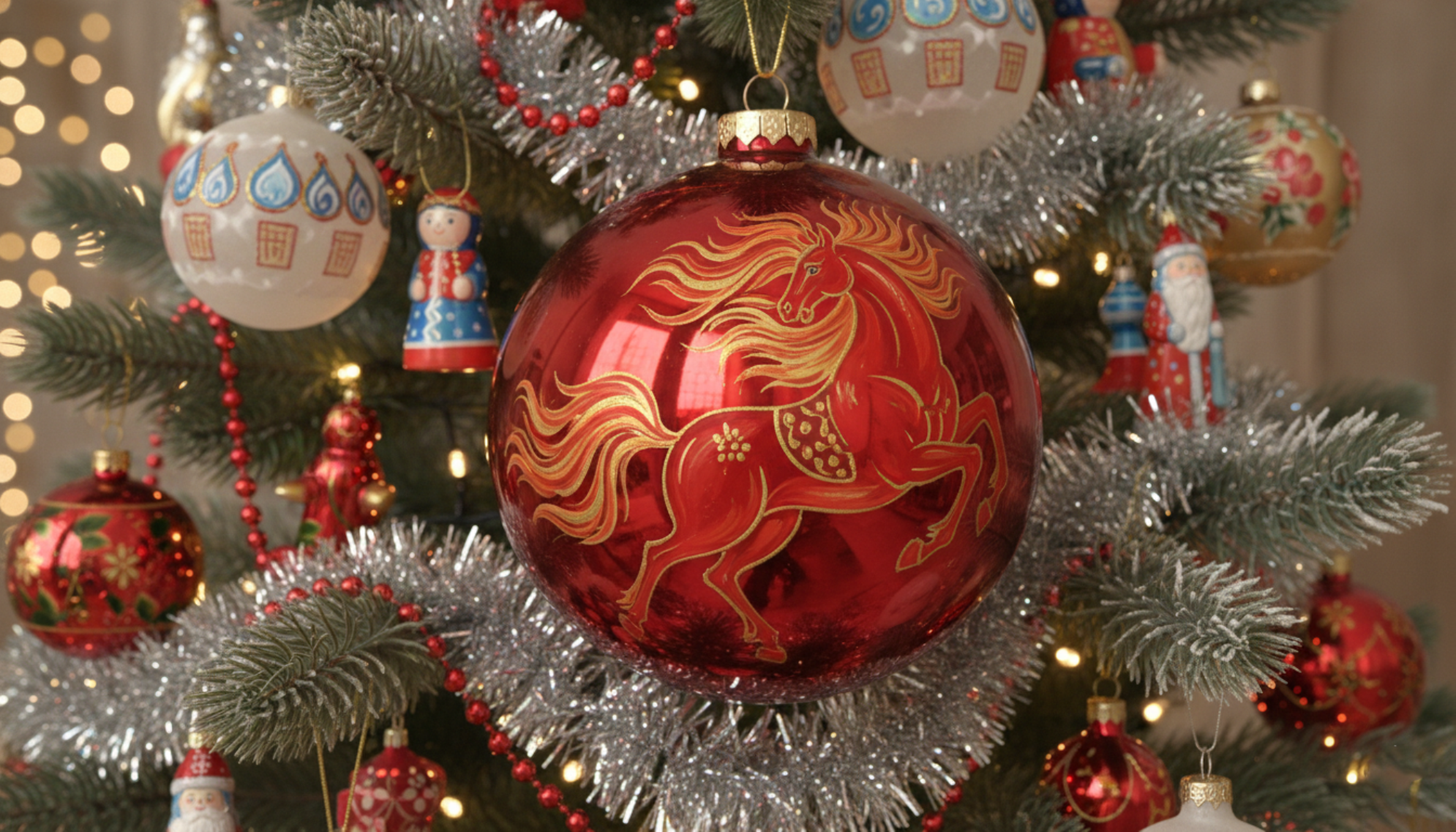 Новогодняя игрушка с красной лошадью на елке.