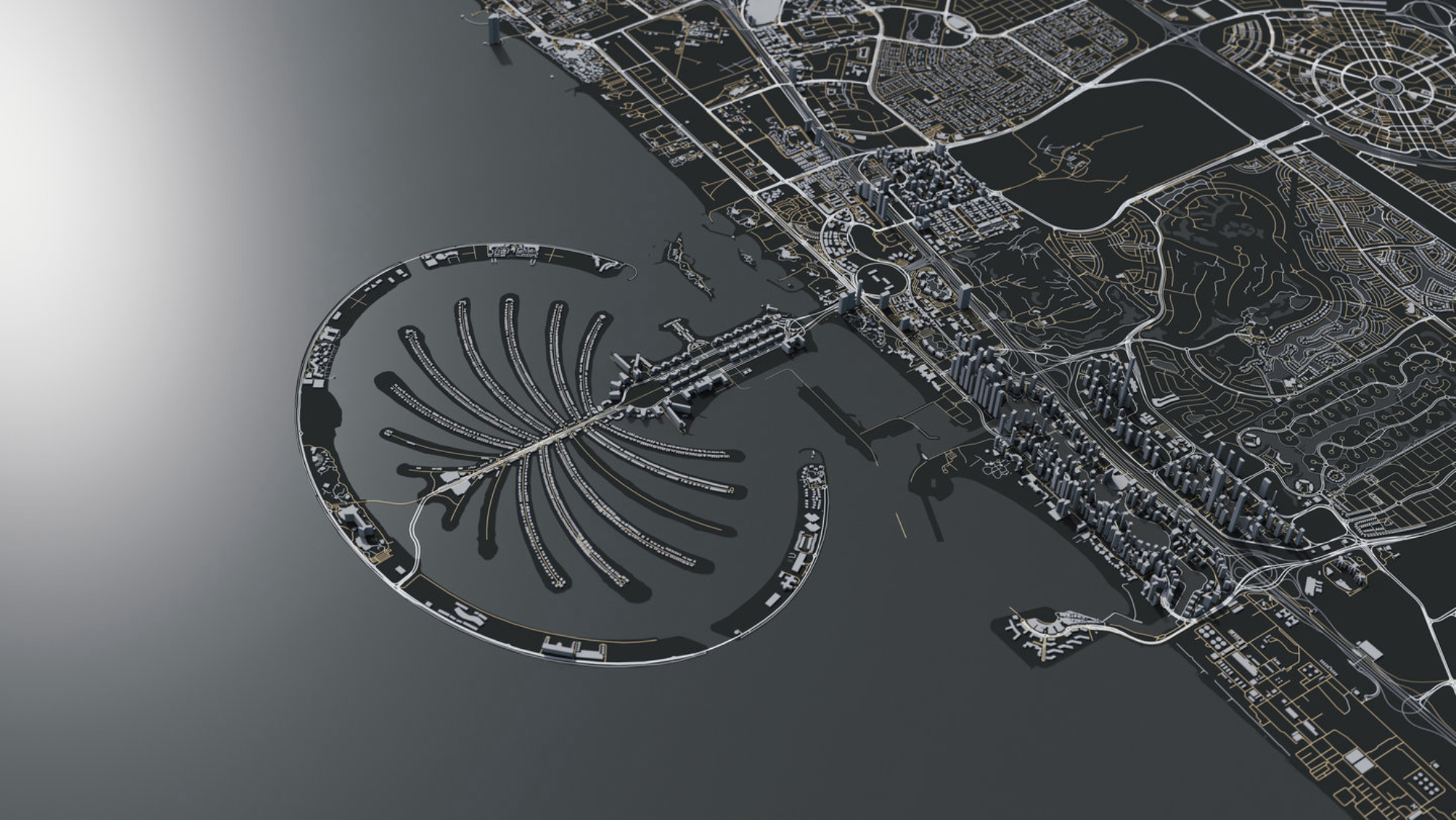 Вид на Палм-Джумейра с высоты птичьего полета, 3d-схема. Источник: Shutterstock