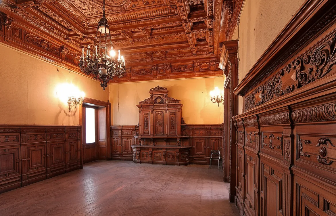 Парадная столовая и потайная дверь слева (скрыта) от буфета в особняке Брусницыных