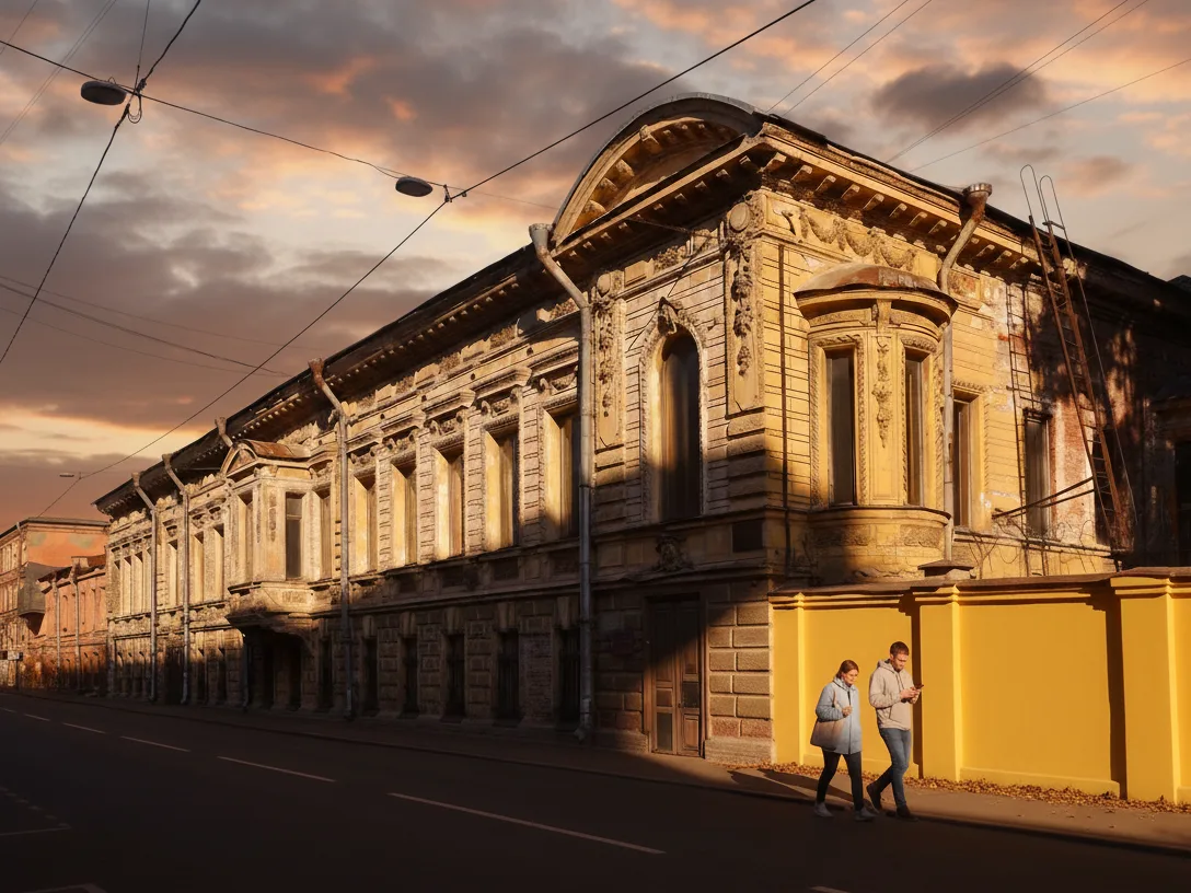 Здание особняка расположено на производственной улице, которая совсем недавно начала преображаться и обрастать современными культурными пространствами.