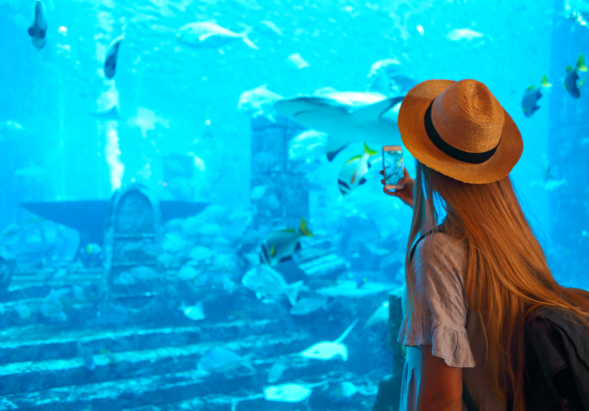 Туристка делает памятное фото в большом аквариуме в Дубае Shutterstock