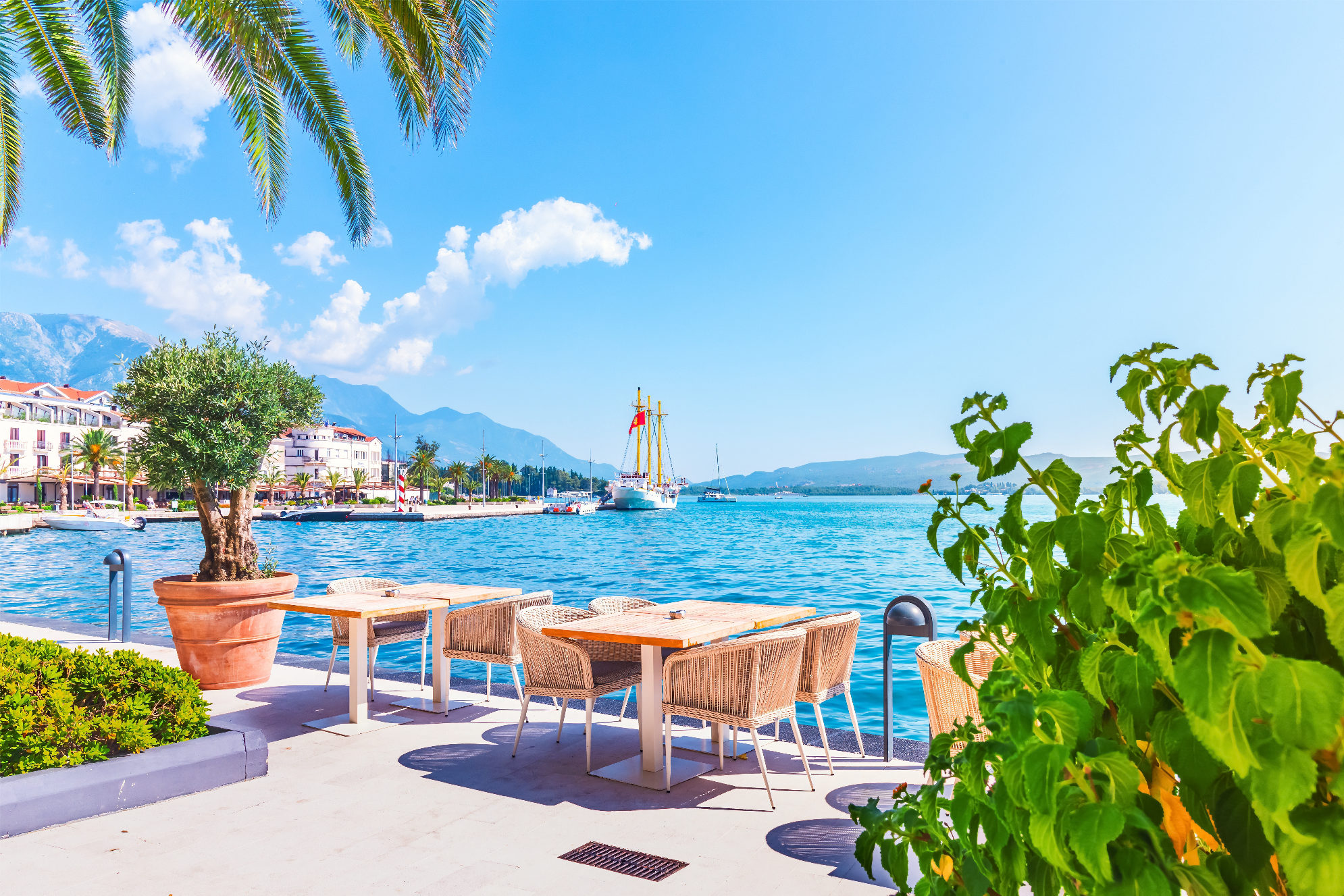 Кафе на набережной в Тивате с видом на море, Черногория. Источник: Shutterstock