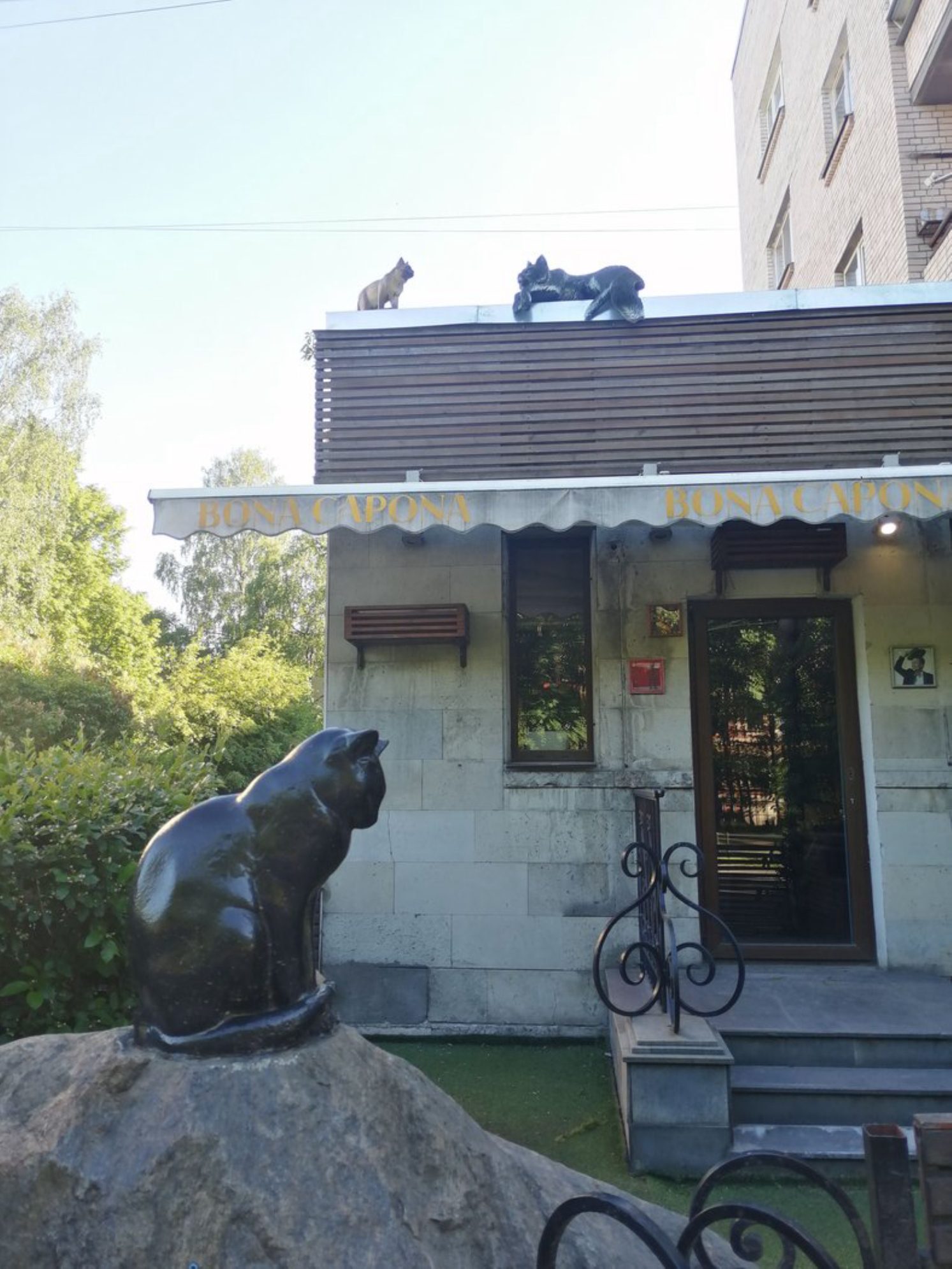 Итальянский ресторан в городе Пушкин окружен скульптурами кошек. Автор фото: Т.Леднева