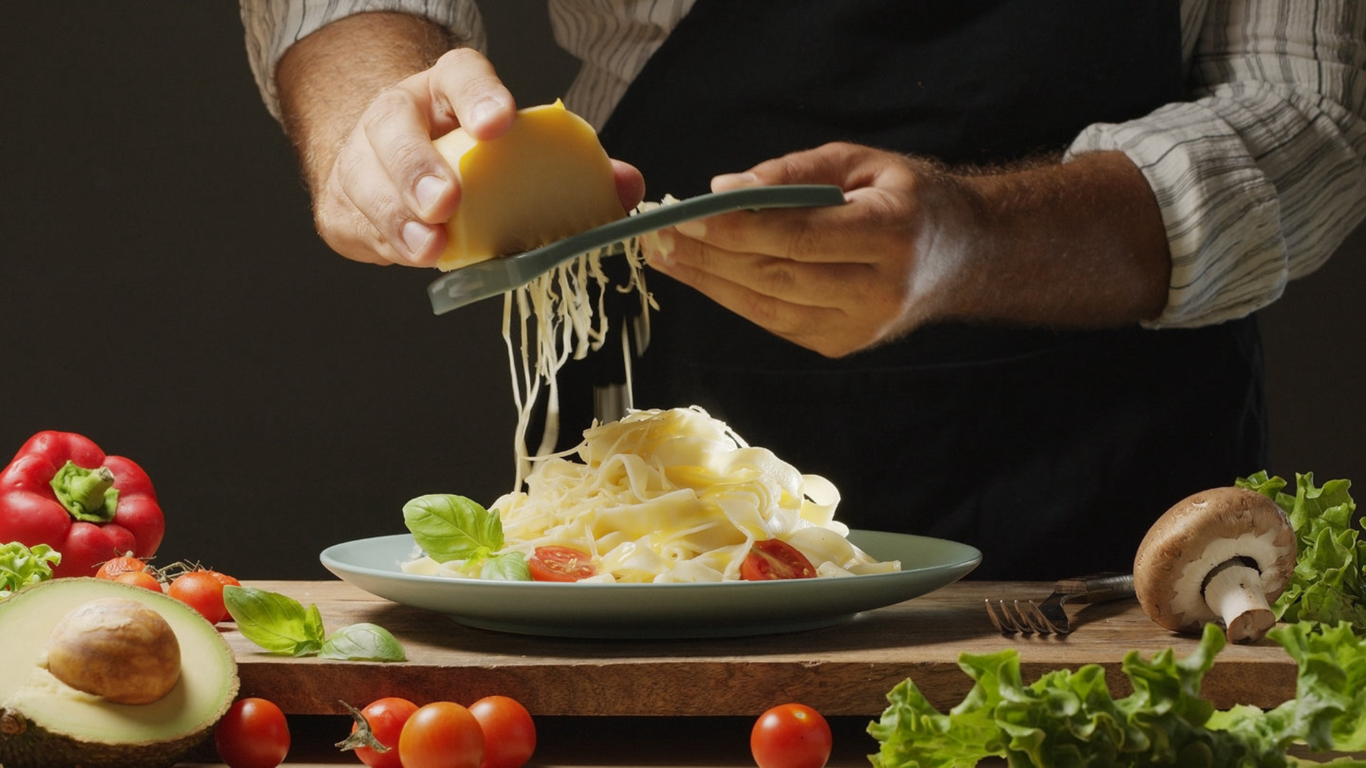 Шеф-повар натирает твердый сыр поверх итальянской пасты. Источник: Shutterstock