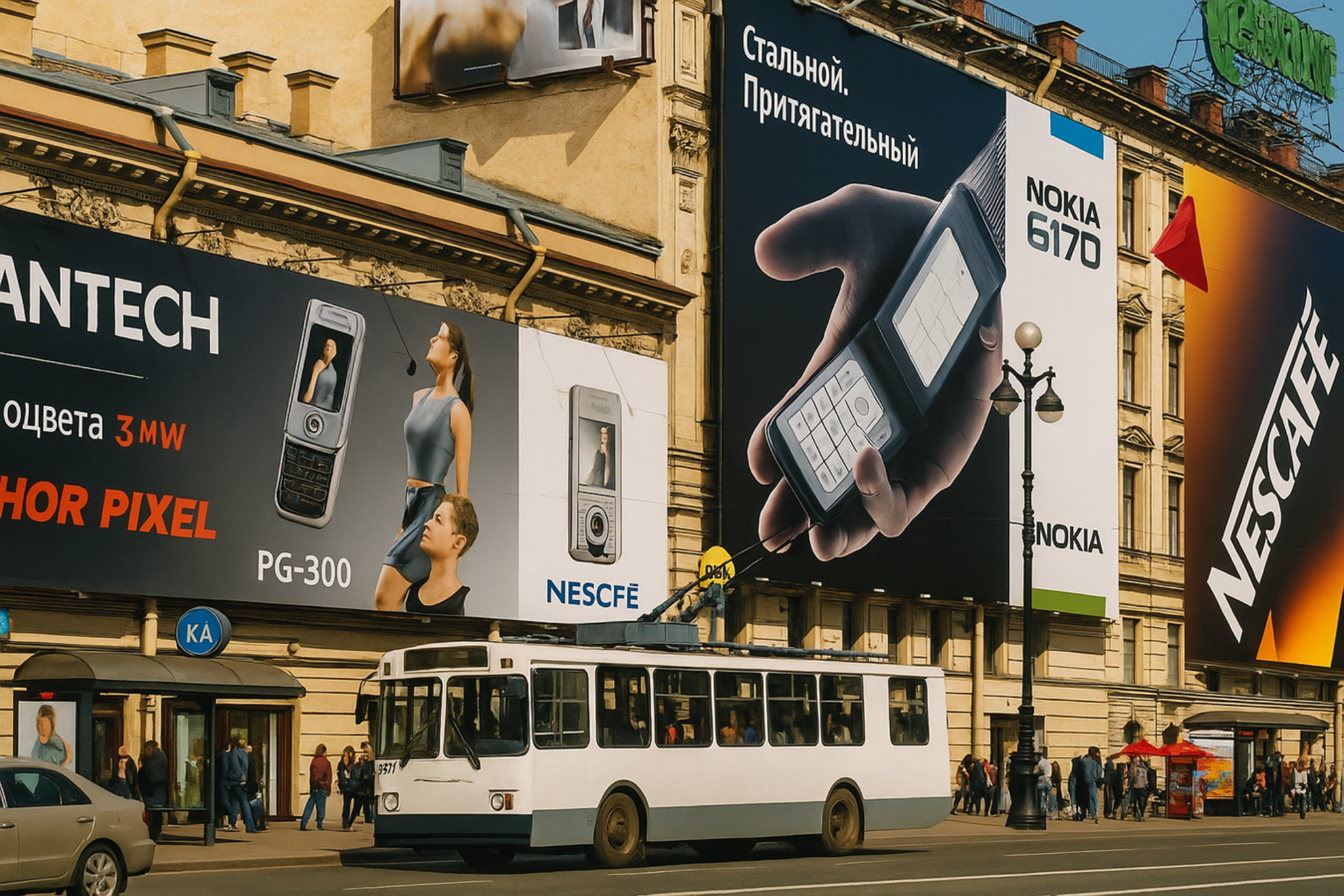 Обилие рекламы мобильный телефонов и продуктовых гигантов того времени – Nescafe, Coca-Cola и других.